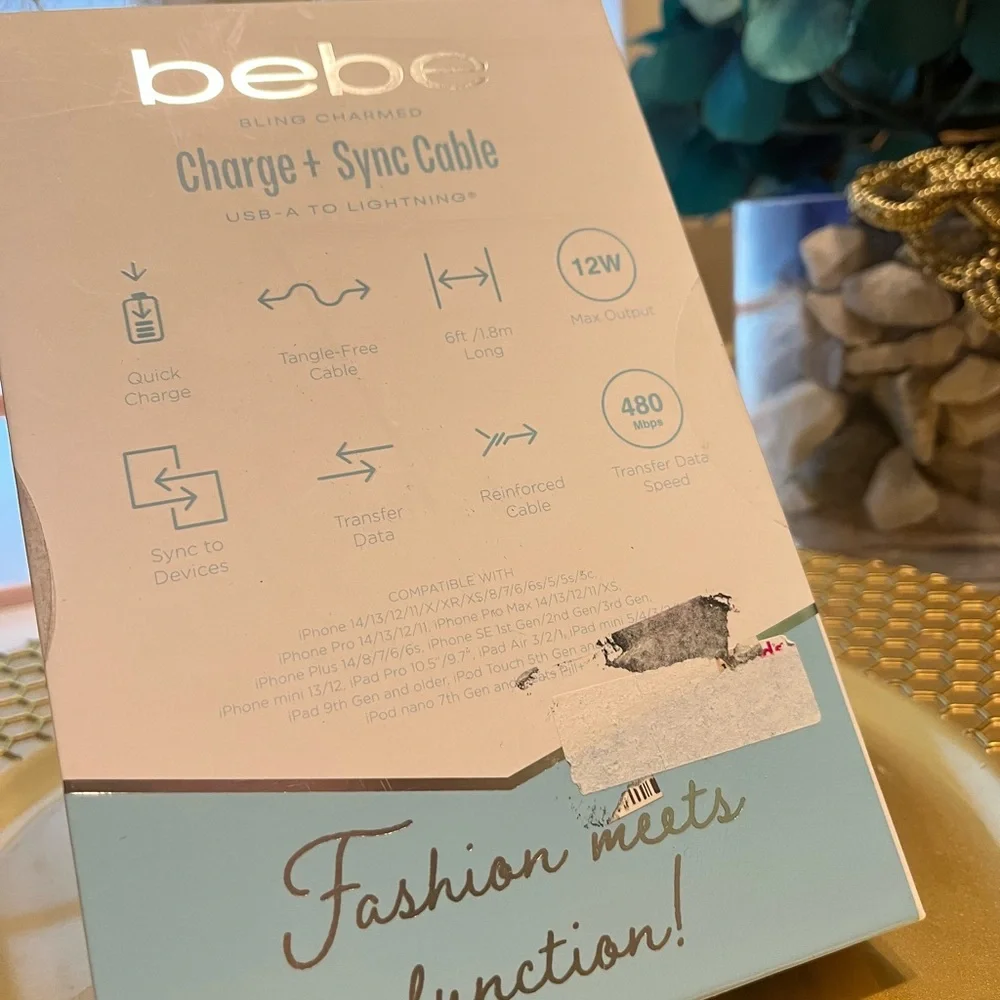 Bebe Aqua Lightning Cable with Rhinestone Accents cellphone